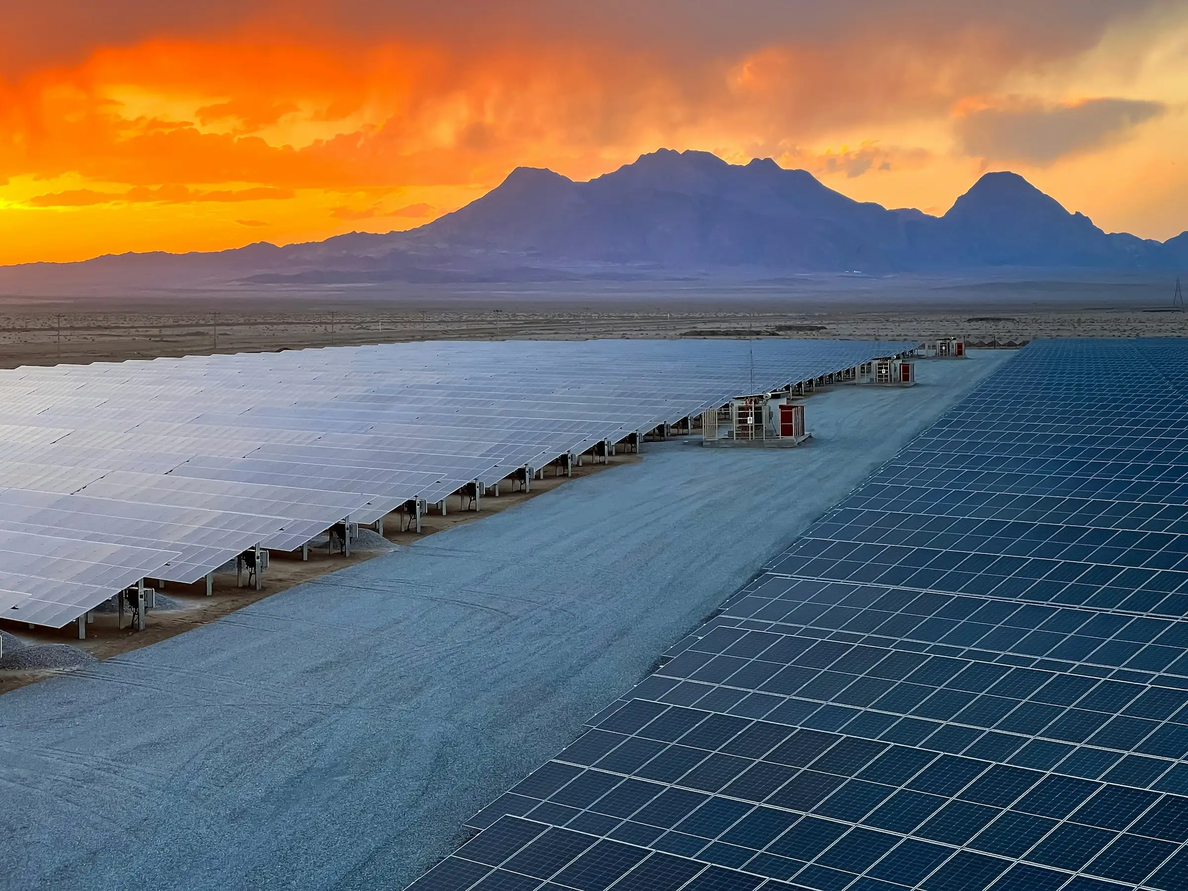 Rows of solar panels under a low sun
